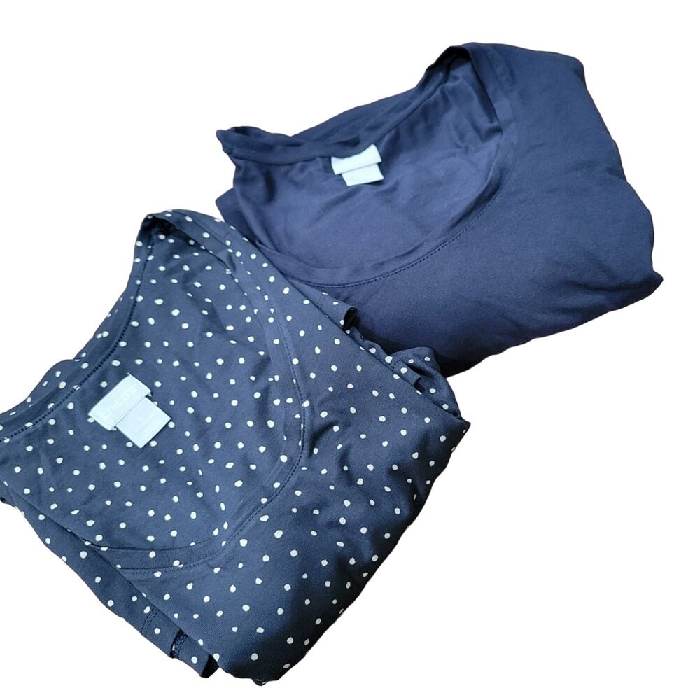 Lot of 2 Chico's Navy Dot and Solid Navy Scoop Neck Casual Tops Size 4 - XXL - Picture 1 of 11